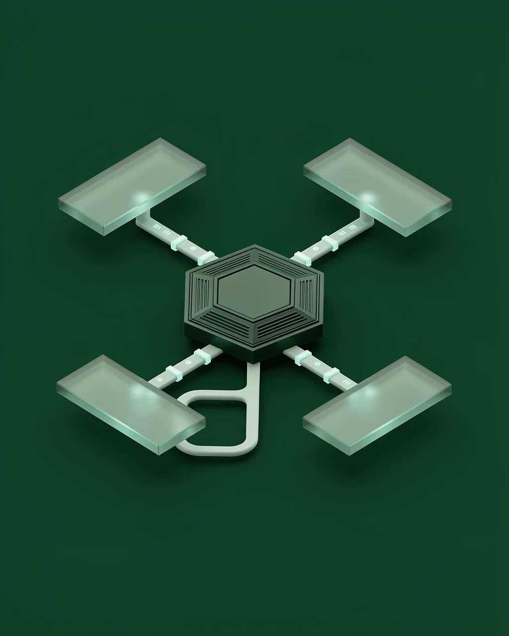 Illustrative integration hub connecting separate system modules through a shared network.