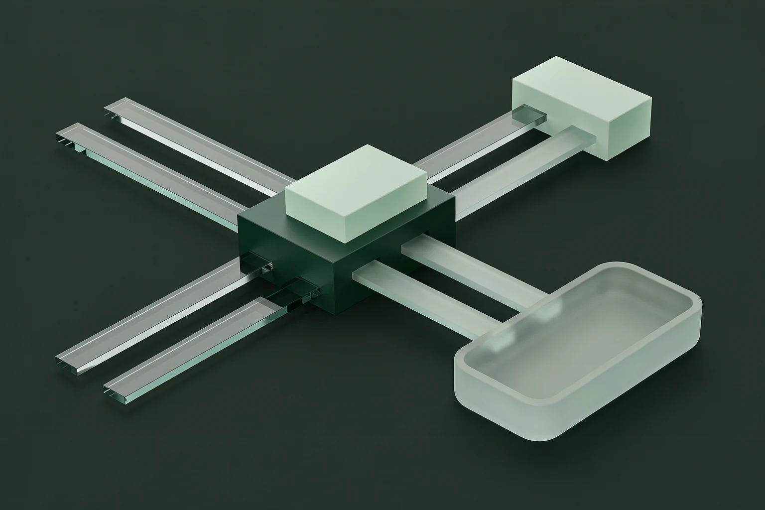 Conceptual operations system: input channels converge at a routing module, branch through a review checkpoint and reconnect at completion.